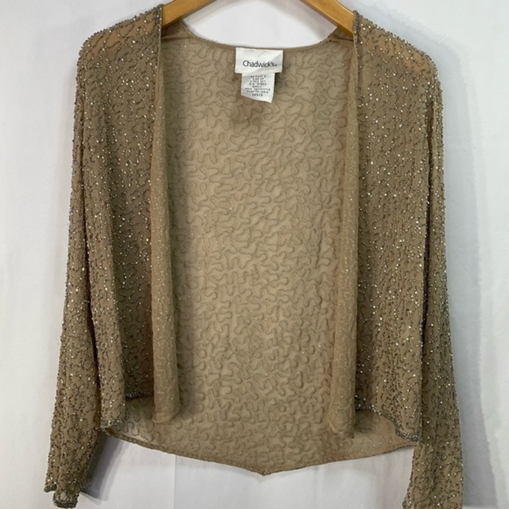 Chadwick’s elegant beige with silver bugle bead open jacket: